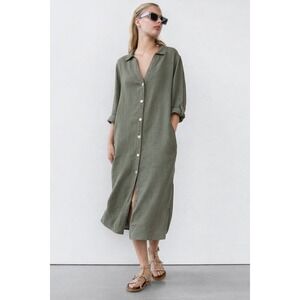 White House Black Market Augustina Linen Midi Shirt Dress Size S Sage Green